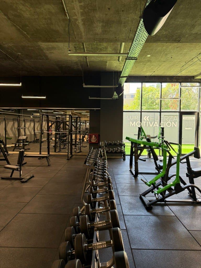 Zona de musculación RedFit con mancuernas y máquinas de fuerza